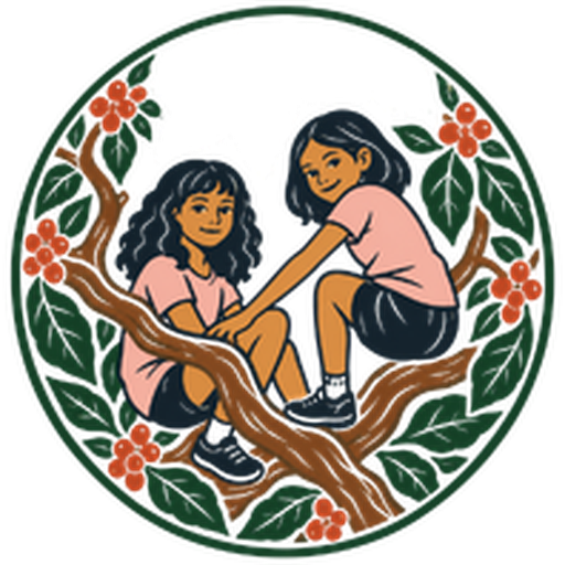 Two sisters sitting in a coffee tree, illustrated